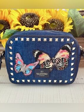 Valentino Garavani Rockstud Camera Crossbody Bag Denim Butterfly